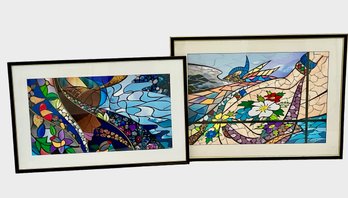 Pair Of 3 Ft. Wide, Mesmerizing, Original 'Stained Glass' Look  Art Pieces