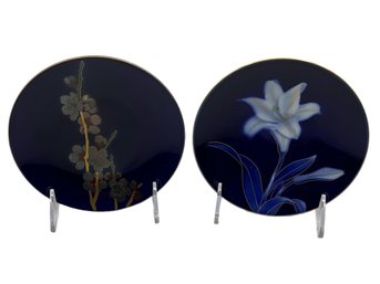 Set Of (2) Cobalt Blue Small Asian Plates - Vintage