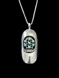 Vintage Native American Sterling Silver Turquoise Pendant On Italian Sterling Silver Necklace