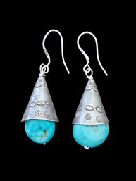 Vintage Native American Sterling Silver Etched Design Turquoise Dangle Earrings