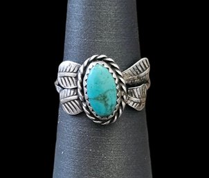 Vintage Native American Sterling Silver Turquoise Feather Ring, Size 6