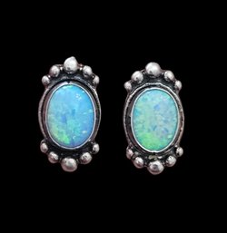 Beautiful Vintage Sterling Silver Opal Stud Earrings