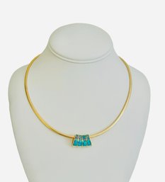 Vtg 14K Yellow Gold Omega Collar Necklace With Blue & White  Fire Opal Pendant  In 14K Setting