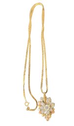 14K Yellow Gold 20' Chain With 1.5' Tri Color Gold Leaf Charm 14K Cubic Zirconia Stones 11 Gram Weight