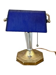 Awesome Cobalt Blue Glass Shade Bankers Lamp - Vintage