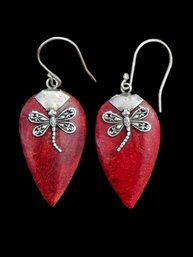 Vintage Sterling Silver Red Agate Dragonfly Dangle Earrings