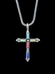 Vintage Italian Sterling Silver Multi Color Inlay Cross Necklace