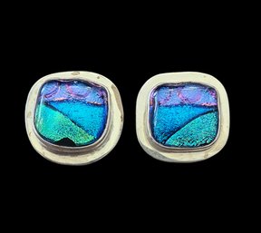 Beautiful Vintage Mexican Sterling Silver Dichroic Glass Stud Earrings