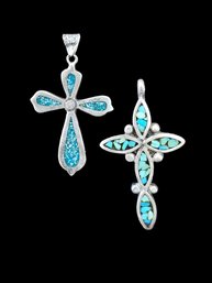 Vintage Lot Of 2 Mexican Sterling Silver Turquoise Inlay Cross Pendants