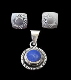 Vintage Sterling Silver Etched Earrings And Blue Pendant Lot