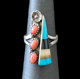 Vintage Native American Zuni Multi Color Inlay Sterling Silver Ring, Size 6