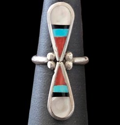 Vintage Native American Zuni Mother Of Pearl Turquoise Coral Inlay Sterling Silver Ring, Size 5