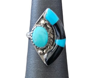 Vintage Native American Zuni Sterling Silver Turquoise Onyx Inlay Ring, Size 5