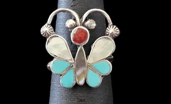 Vintage Native American Zuni Sterling Silver Mother Of Pearl Turquoise Coral Inlay Butterfly Ring, Size  5.25