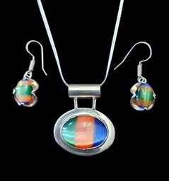 Beautiful Vintage Mexican Sterling Silver Rainbow Glass Necklace Earrings Set