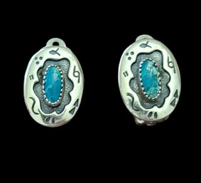 Vintage Native American Sterling Silver Turquoise Clip On Earrings