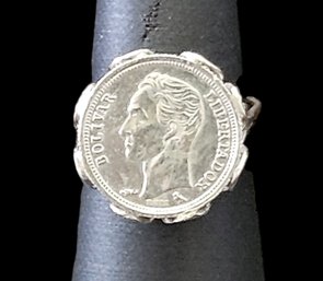 Vintage 1960 Venezuela 835 Coin Set In Sterling Silver Ring, Size 6