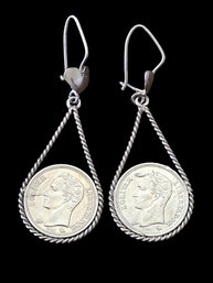 Vintage 1960 Venezuela 835 Coins Set In Sterling Silver Dangle Earrings