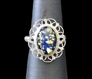 Vintage Sterling Silver Starry Night Opal Glass Cabochon Ring, Size 8