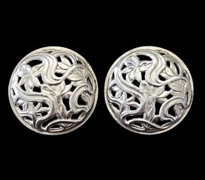 Vintage Sterling Silver Intricate Cut Out Dome Clip On Earrings