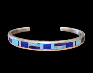 Vintage Designer Native American Sterling Silver Multi Color Stone Inlay Bracelet