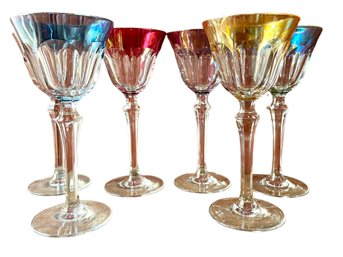 Set Of Six Multi-color Crystal Wine Glasses.