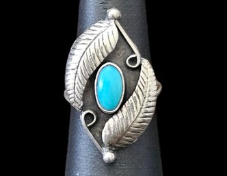 Vintage Native American Sterling Silver Turquoise Feather Ring, Size 6.5