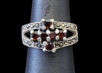 Vintage Sterling Silver Marcasite Garnet Stone Ring, Size 6.5