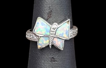 Vintage Sterling Silver Clear Stones Opal Butterfly Ring, Size 5.5