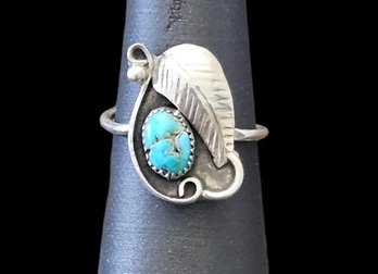 Vintage Native American Sterling Silver Turquoise Feather Ring, Size 7.25