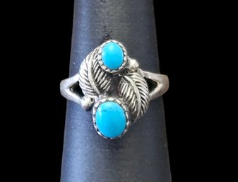 Beautiful Vintage Native American Sterling Silver Turquoise Feather Ring, Size 5.5