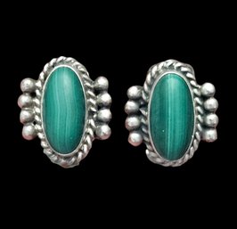 Beautiful Vintage Native American Sterling Silver Malachite Clip On Earrings