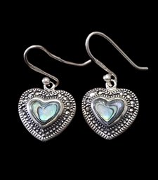 Vintage Designer SX Sterling Silver Marcasite Abalone Heart Dangle Earrings