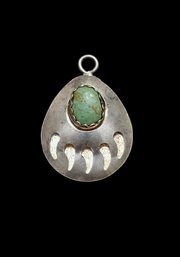 Vintage Native American Designer Sterling Silver Green Turquoise Bear Claw Pendant