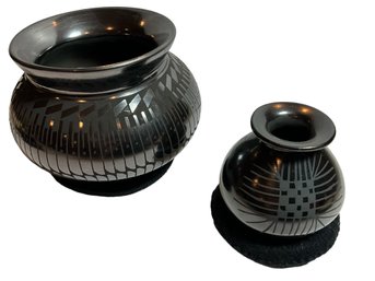 Black On Black Gorgeous Southwestern Pottery Pots Set/2 - SIGNED