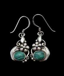 Beautiful Vintage Designer BOMA Sterling Silver Malachite Dangle Earrings