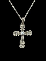 Beautiful Vintage Sterling Silver Marcasite Clear Stone Cross Pendant On Twisted Rope Necklace