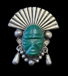 Fantastic Mexican Sterling Silver Green Onyx Carved Tribal Mask Brooch/Pin