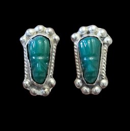 Vintage Mexican Sterling Silver Green Onyx Carved Tribal Mask Stud Earrings