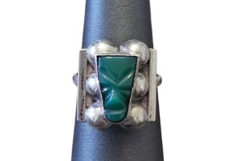 Vintage Mexican Sterling Silver Green Onyx Carved Mask Ring, Size 5.5