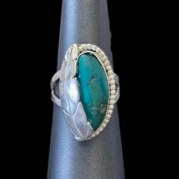 Vintage Native American Sterling Silver Green Turquoise Ring, Size 7.5