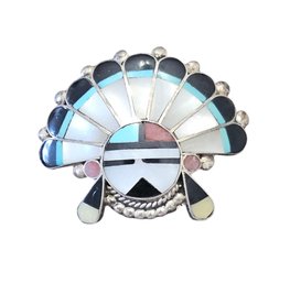 Vintage Native American Sterling Silver Multi Color Inlay Zuni Sun-face Brooch/Pendant