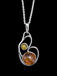 Vintage Designer METALSMITHS Sterling Silver Necklace W/ Baltic Orange And Yellow Pendant