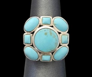 Vintage Large Designer CFJ Sterling Silver Turquoise Square Face Ring, Size 7.5