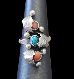 Vintage Native American Sterling Silver Turquoise Coral Ring, Size 7