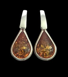 Vintage Sterling Silver Teardrop Amber Dangle Earrings