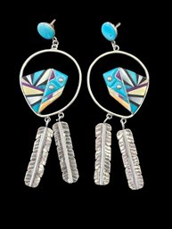 Amazing Vintage Native American Zuni Multi Color Stone Inlay Dangle Earrings