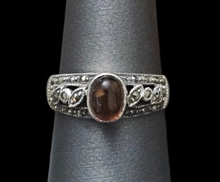 Vintage Sterling Silver Marcasite Amber Ring, Size 7.5