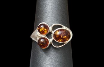 Vintage Sterling Silver Amber Ring, Size 8