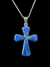 Vintage 980 Silver Lapis Inlay Cross On Sterling Silver Necklace